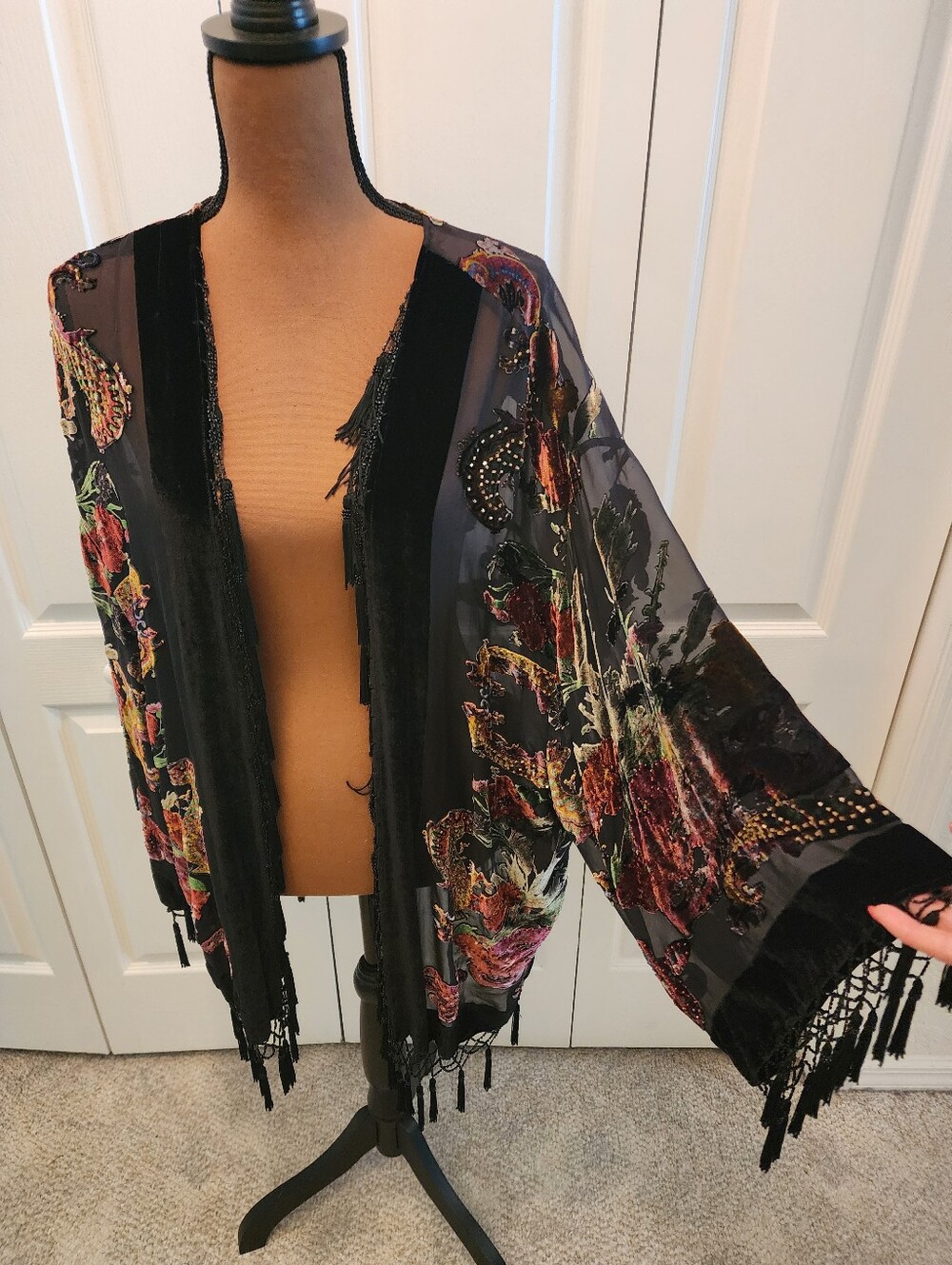 J.B.S Vintage Boho Velvet Burnout Silk Blend Black Floral Oversized Kimono